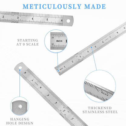 Metal Ruler, 3 Pack, 6, 8, 12 Inch (15, 20, 30 CM) | Metric Ruler