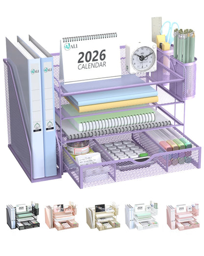 WALI Desk File Organizer, 4 Tier Desktop Paper Letter Tray Organizer with Drawer and 2 Pen Holders, Office Desk Accessories & Workspace Organizers for Office, Home Supplies(DO005DH-P), 1 Pack, Pink
