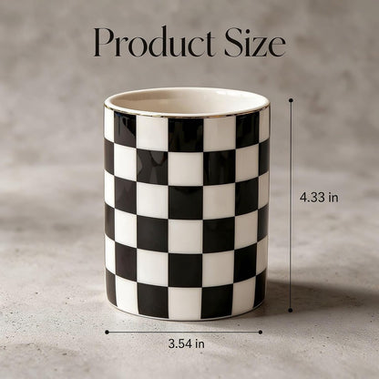 Checkered Pen Holder For Desk,Ceramic Pencil Holder Organizer,Cute Pen Cup office decor, Black and white desk accessories