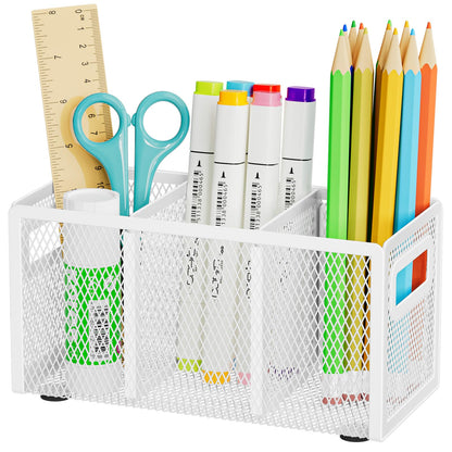 Marbrasse Mesh Pen Holder for Desk, Pencil Holder Desk Organizer 3 Adjustable Compartments, Pencil Cup with Handle Perfect for Classroom, Office, Home, Makeup, Art (4 Compartments - Black)