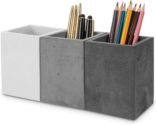 MyGift Pen Holder Pencil Holder For Desk,Pen Cup Holder For Desk,Concrete Desktop Pencil Cup,Modern Gray-Tone,Set of 3