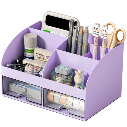COMFYROOM Desk Organizer with 6 Compartments and 2 Drawers, Plastic Makeup Organizer, Pen Holder for Desktop Storage, Desk Organization for School, Home, Office Supplies (Black)