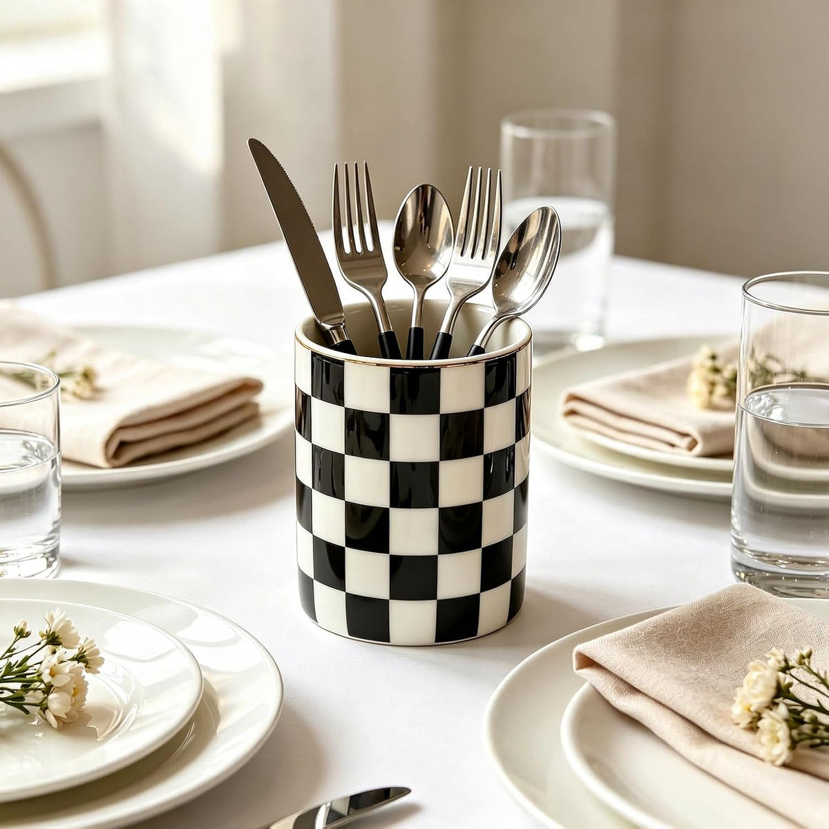 Checkered Pen Holder For Desk,Ceramic Pencil Holder Organizer,Cute Pen Cup office decor, Black and white desk accessories