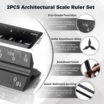 Rena Chris 2Pcs Architectural Scale Ruler, Triangular Scale & Straight Ruler, 12 Inch Aluminum Drafting Ruler Set, Laser Etched, Smooth Non-Sharp Edges, Lightweight, Inch MM Conversion for Architectur