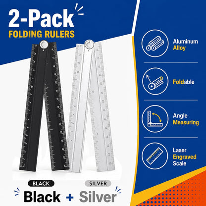 SNX 2 Pack Folding Rulers, 30cm Aluminum Alloy Angle Rulers, Black Silver