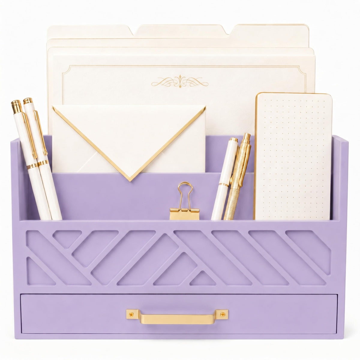 BLU MONACO | White Wooden Desk Organizer & Mail Organizer with Drawer & Gold Handle | Mail Sorter Countertop | 6 Compartments | White Desktop Organizer for Desk