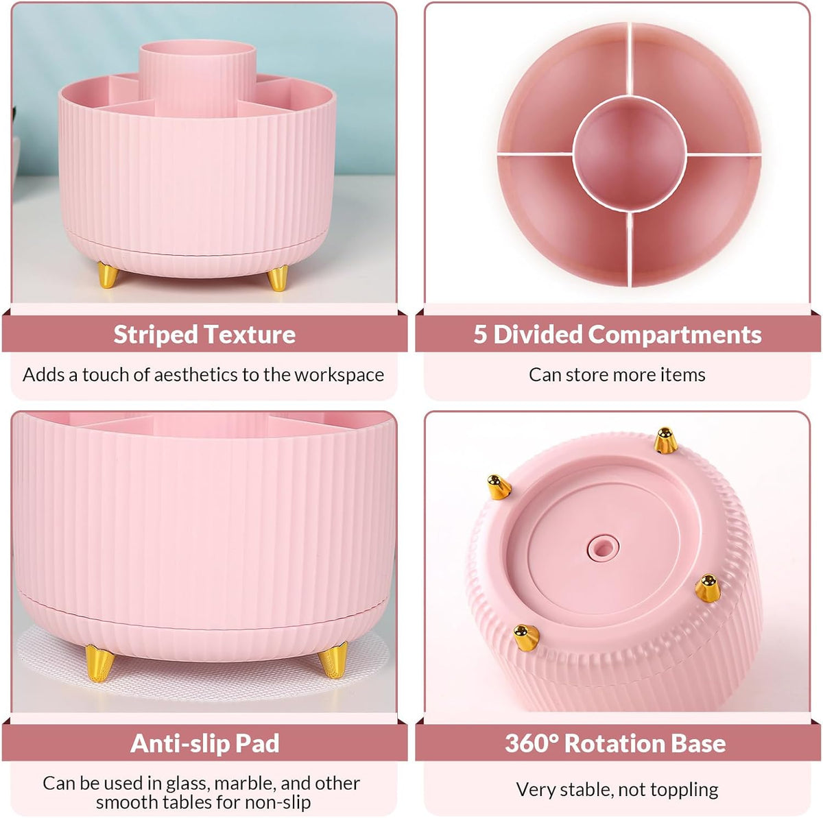 SKYDUE 360 Rotating Multipurpose Organizer - Cute Rotating Pen Holder with 5 Slots for Art Supplies, Office, School, Home