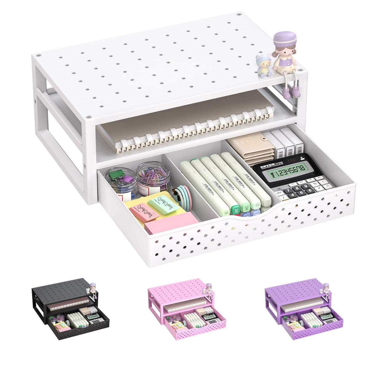 WALI Desk File Organizer, 4 Tier Desktop Paper Letter Tray Organizer with Drawer and 2 Pen Holders, Office Desk Accessories & Workspace Organizers for Office, Home Supplies(DO005DH-W), 1 Pack, White