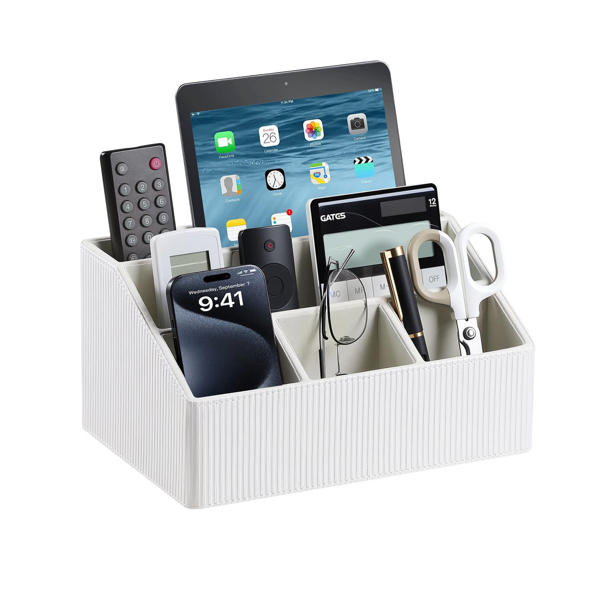 PU Leather Desk Organizer, Remote Control Holder (Black)