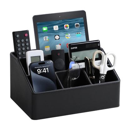 PU Leather Desk Organizer, Remote Control Holder (Black)