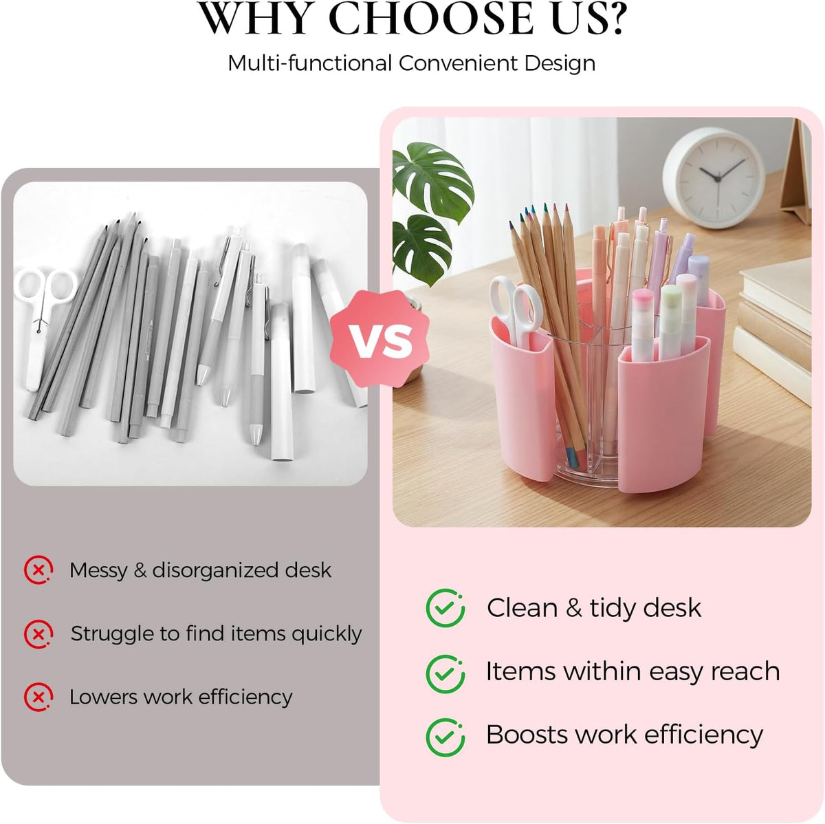 KONVINIT Pink Pen Holder for Desk, 5 Slots 360° Rotating Pen Organizer, Cute Desk Organizers and Accessories for School, Home, Office and Art Supply