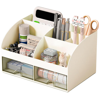 COMFYROOM Desk Organizer with 6 Compartments and 2 Drawers, Plastic Makeup Organizer, Pen Holder for Desktop Storage, Desk Organization for School, Home, Office Supplies (Black)