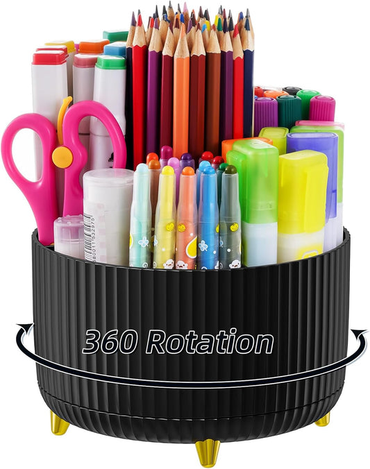 Marbrasse Desk Organizer, 360-Degree Rotating Pen Holder, Desk Organizers and Accessories with 5 Compartments Pencil Holder, Art Supply Storage Box Caddy for Office, Home (Black)
