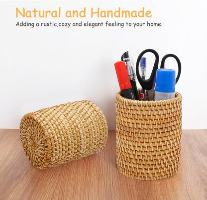 2 Pack Rattan Pencil Holder for Desk Handmade Pen Organizer Bucket Boho Desk Accessories Pen Cup Holder Aesthetic Holder for Desk Cute