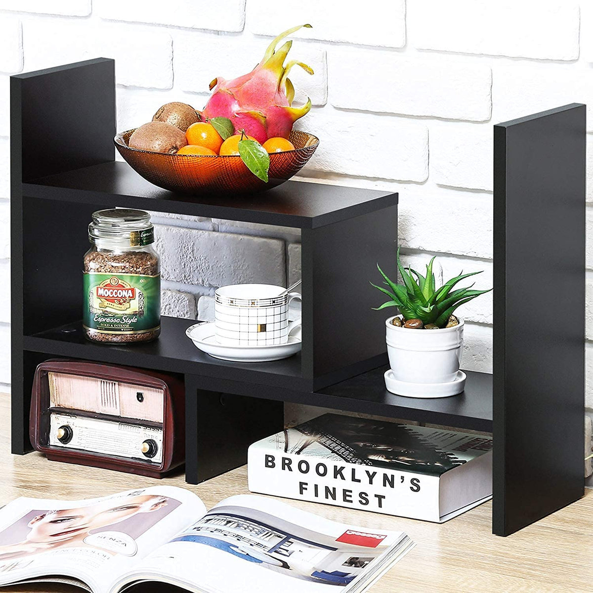 Sorfity Expandable Wood Desktop Bookshelf Desktop Organizer Office Storage Rack Wood Display Shelf, Counter Storage Rack Top Bookcase - Freestyle Display Natural Stand Office Supplies Desk Organizer