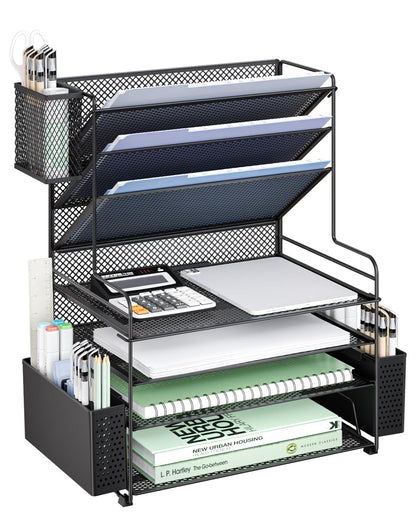 WALI Desk File Organizer, 5 Tier Desktop Paper Letter Tray Organizer with Drawer and 2 Pen Holders, Office Desk Accessories & Workspace Organizers for Office, Home Supplies(DO006DH-B), 1 Pack, Black