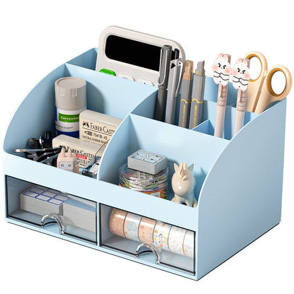 COMFYROOM Desk Organizer with 6 Compartments and 2 Drawers, Plastic Makeup Organizer, Pen Holder for Desktop Storage, Desk Organization for School, Home, Office Supplies (Black)