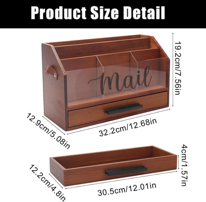 Wood Desk Organizer with Drawer, Bill Mail Organizer Countertop Workspace Organizers for Office Supplies Desk Organization Letter Holder