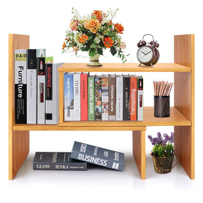 Sorfity Expandable Wood Desktop Bookshelf Desktop Organizer Office Storage Rack Wood Display Shelf, Counter Storage Rack Top Bookcase - Freestyle Display Natural Stand Office Supplies Desk Organizer