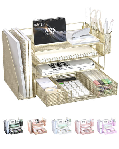 WALI Desk File Organizer, 4 Tier Desktop Paper Letter Tray Organizer with Drawer and 2 Pen Holders, Office Desk Accessories & Workspace Organizers for Office, Home Supplies(DO005DH-P), 1 Pack, Pink