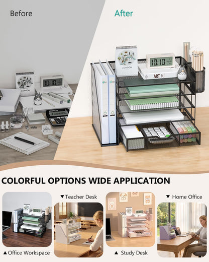 WALI Desk File Organizer, 5 Tier Desktop Paper Letter Tray Organizer with Drawer and 2 Pen Holders, Office Desk Accessories & Workspace Organizers for Office, Home Supplies(DO006DH-B), 1 Pack, Black