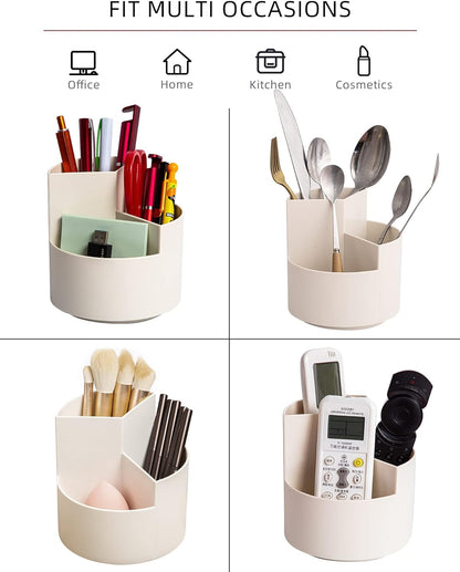 Desk Pencil Pen Holder, 3 Slots 360-Degree Spinning Organizers, Desktop Storage Stationery Supplies, Cute Cup Pot for Office, School, Art Supply, Kids - White