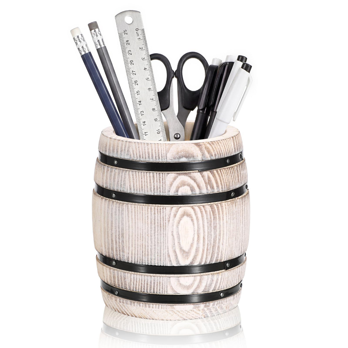 Rustic Wooden Pen Holders for Desk, Wine Barrel Shaped Pencil Cup