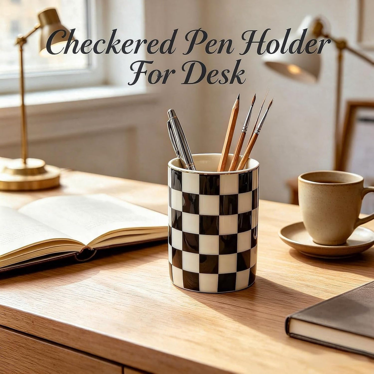Checkered Pen Holder For Desk,Ceramic Pencil Holder Organizer,Cute Pen Cup office decor, Black and white desk accessories