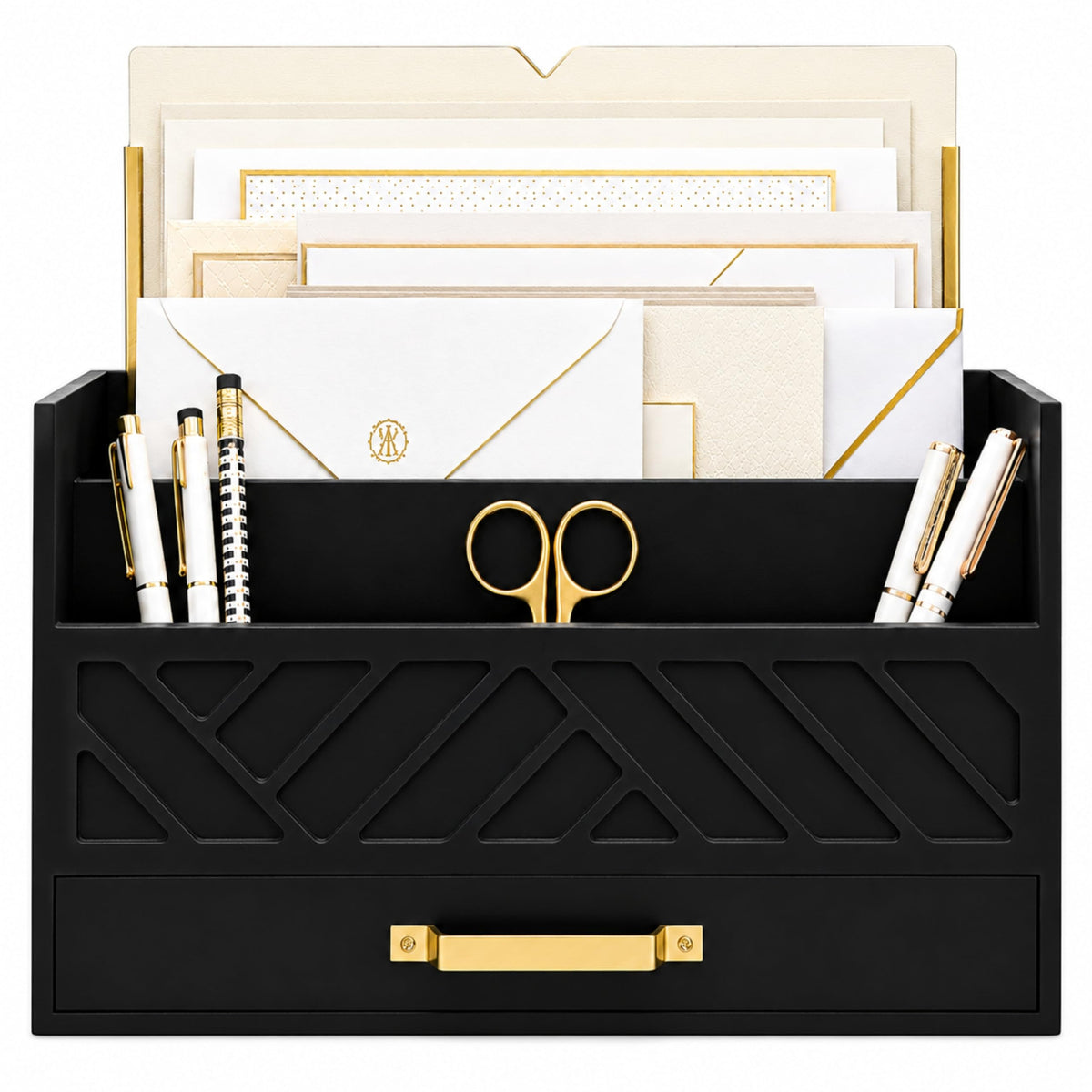 BLU MONACO | White Wooden Desk Organizer & Mail Organizer with Drawer & Gold Handle | Mail Sorter Countertop | 6 Compartments | White Desktop Organizer for Desk
