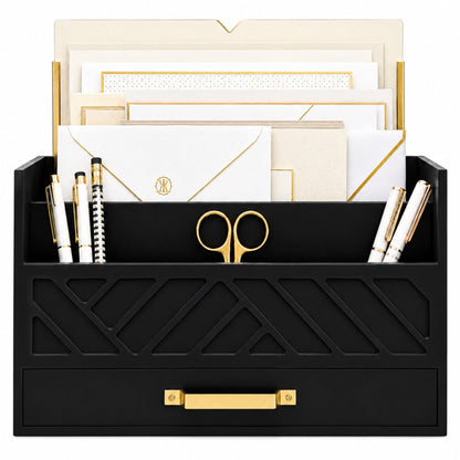 BLU MONACO | White Wooden Desk Organizer & Mail Organizer with Drawer & Gold Handle | Mail Sorter Countertop | 6 Compartments | White Desktop Organizer for Desk