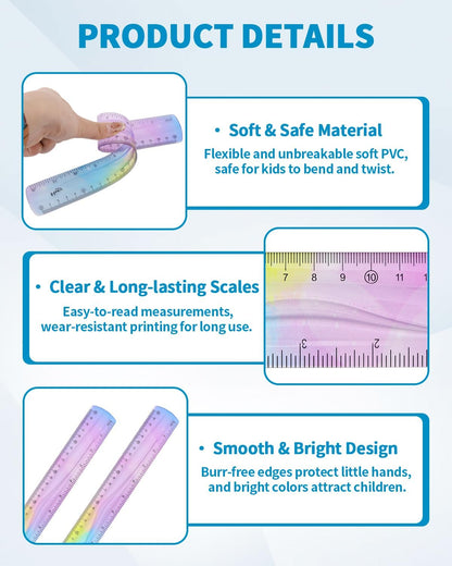 2 Pack Flexible Ruler Set, 12 Inch Bendable Rulers for Kids, Soft Plastic Rulers with Dual-Sided cm/inch Scale, Gradient Color Flex Ruler for School, Home, Office