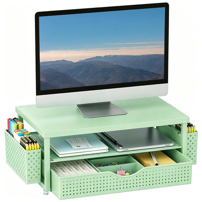 gianotter Desk Organizers and Accessories, Monitor Stand with Drawer and 2 Pen Holder, Desktop Organizer Suitable for Offices and Dormitories (Wood)
