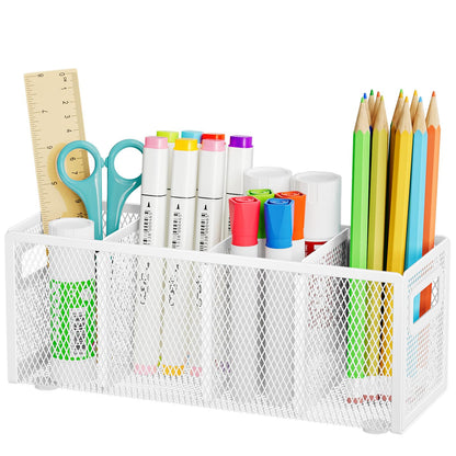 Marbrasse Mesh Pen Holder for Desk, Pencil Holder Desk Organizer 3 Adjustable Compartments, Pencil Cup with Handle Perfect for Classroom, Office, Home, Makeup, Art (4 Compartments - Black)
