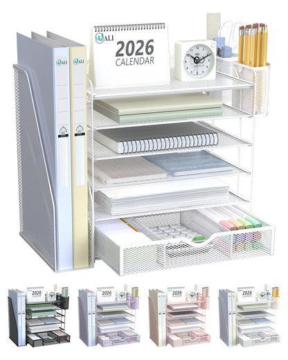 WALI Desk File Organizer, 4 Tier Desktop Paper Letter Tray Organizer with Drawer and 2 Pen Holders, Office Desk Accessories & Workspace Organizers for Office, Home Supplies(DO005DH-W), 1 Pack, White