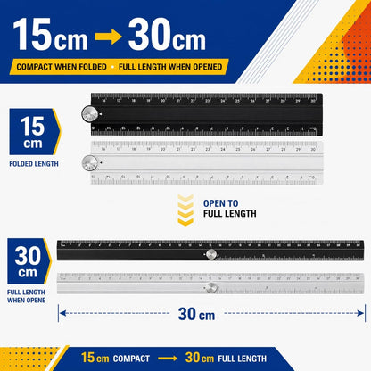 SNX 2 Pack Folding Rulers, 30cm Aluminum Alloy Angle Rulers, Black Silver