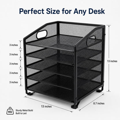 Ekisemio 5-Tier Desk Organizers and Accessories, Paper Letter Tray Organizer with File Holder, Desktop Organizer for Office Supplies, Black