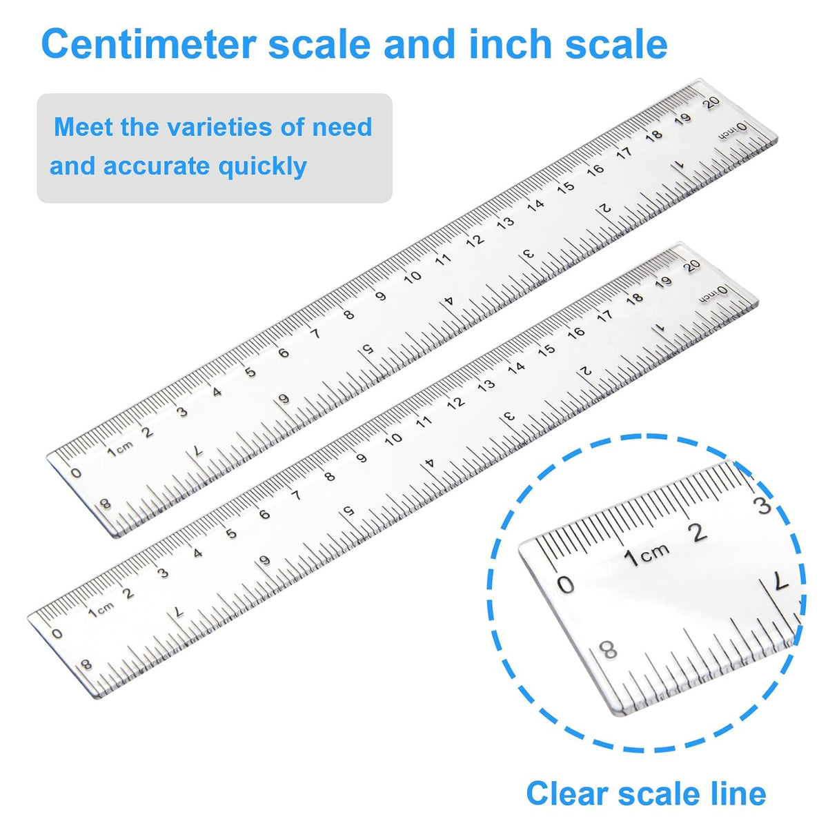 2 Pack - 8 inch Clear Plastic Ruler Straight Shatterproof Transparent Rulers for Office Supply (Clear)