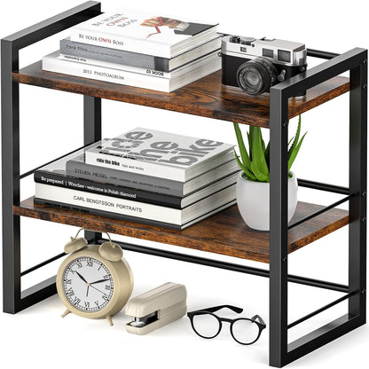 Office Desk Shelf Organizer, Wood Desktop Bookshelf Supplies Storage Rack, Shelf for Top of Desk and Dresser (Brown-2 Tier)