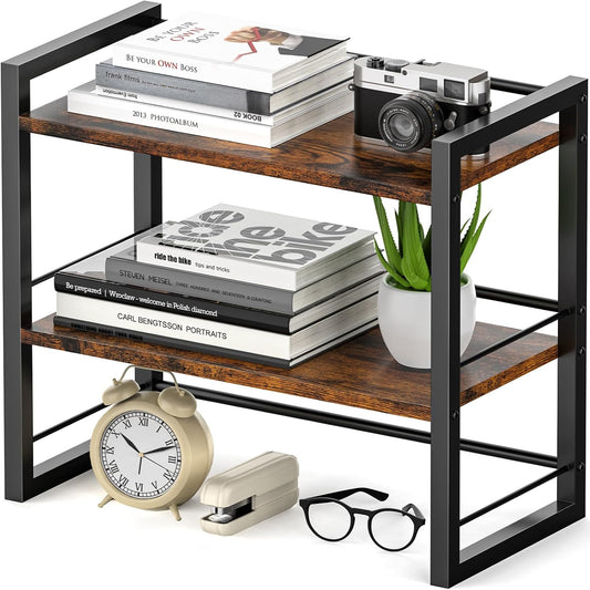 Office Desk Shelf Organizer, Wood Desktop Bookshelf Supplies Storage Rack, Shelf for Top of Desk and Dresser (Brown-2 Tier)