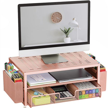 gianotter Desk Organizers and Accessories, Monitor Stand with Drawer and 2 Pen Holder, Desktop Organizer Suitable for Offices and Dormitories (Wood)