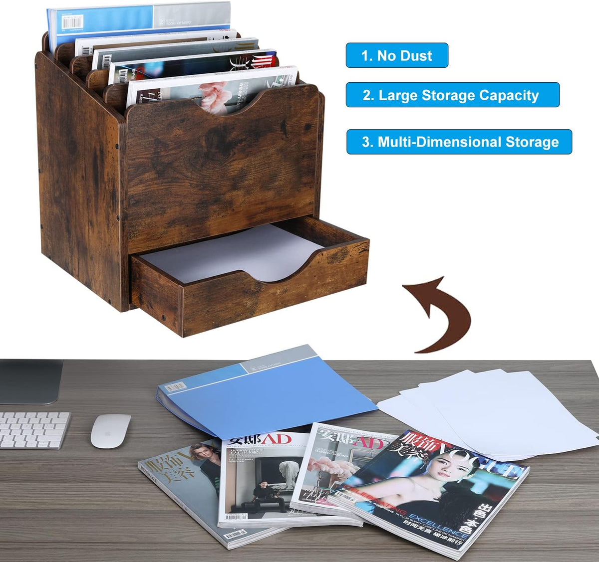 PAG-Mass Wood Desktop File Holder Organizer Mail Sorter with Drawer, for File Folders, Mails, Envelopes, Mailing Supplies or Magazines, 6 Compartments, Antique Brown