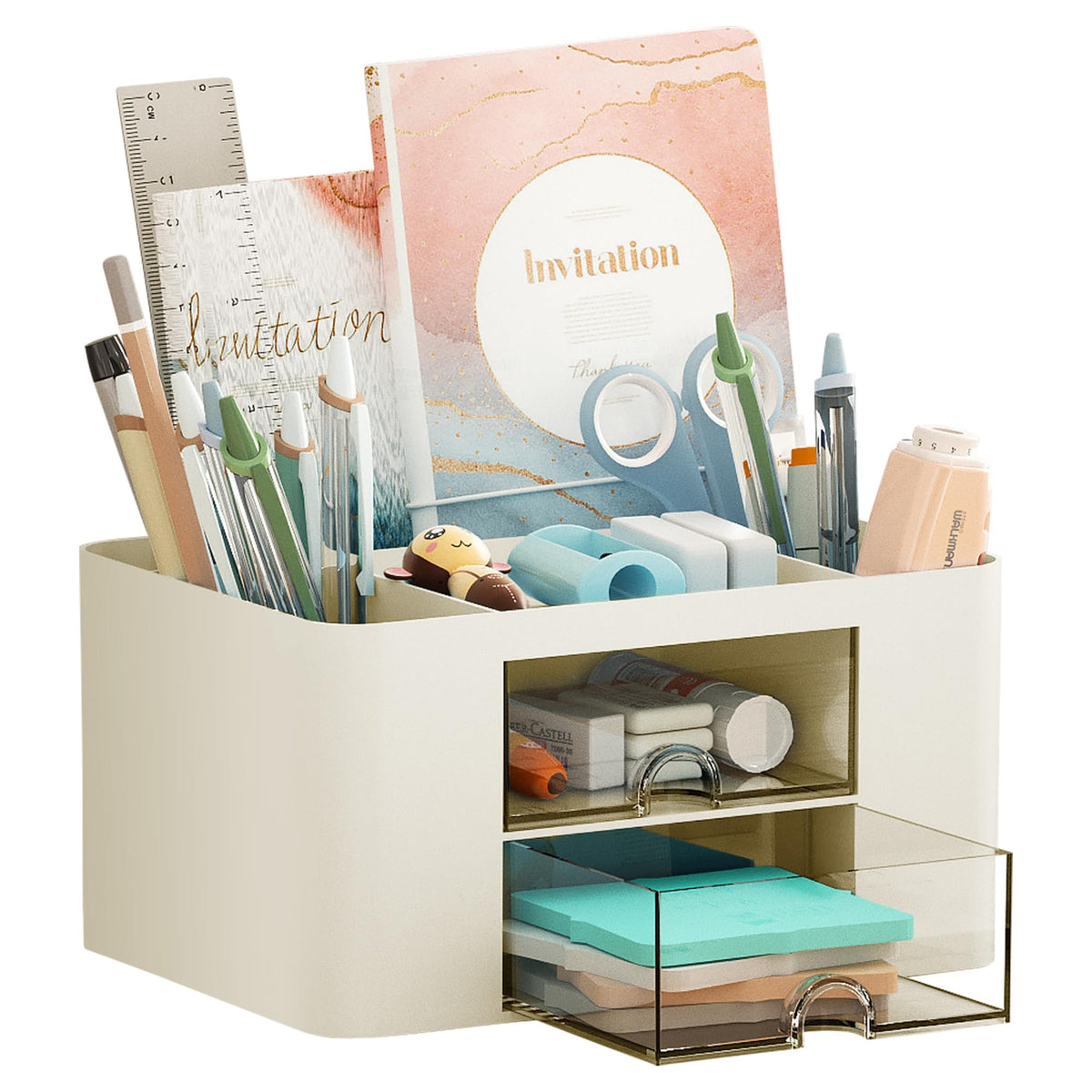 Marbrasse Pen Organizer with 2 Drawer, Multi-Functional Pencil Holder for Desk, Desk Organizers and Accessories with 5 Compartments + Drawer for Office Art Supplies (White)