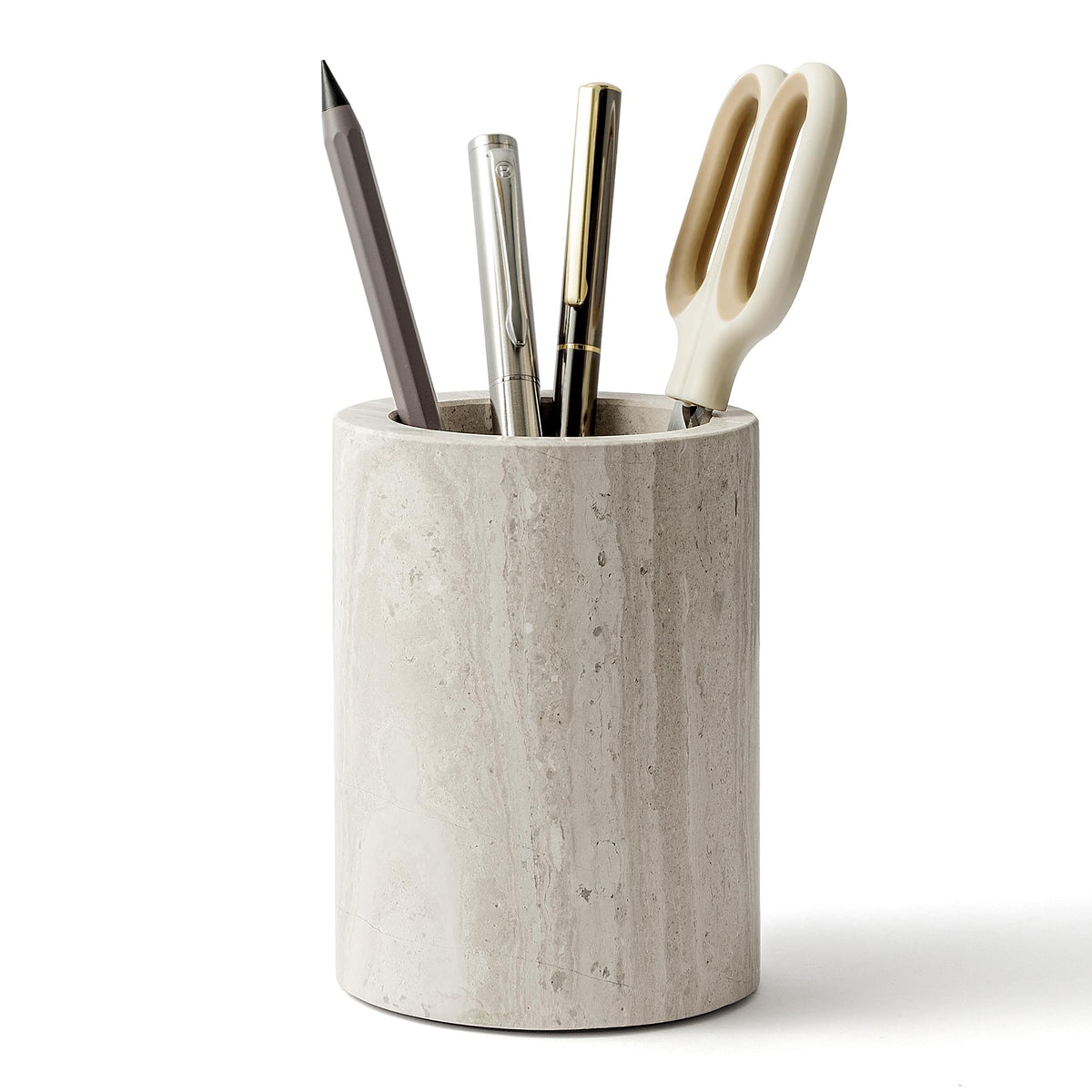 Natural Marble Pen Holder for Desk, Handcrafted Sturdy Desk Organizer with Anti-Slip Base 3.1” x 4.3” – Unique Stone Craft for Office Supplies, Makeup Brushes & Home Decor Grey (WH077)