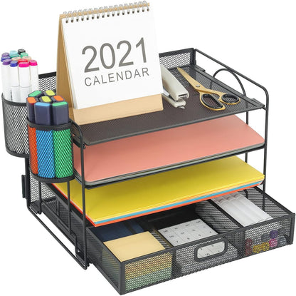 Marbrasse Desk Organizer, 4-Tier Paper File Letter Tray, Black