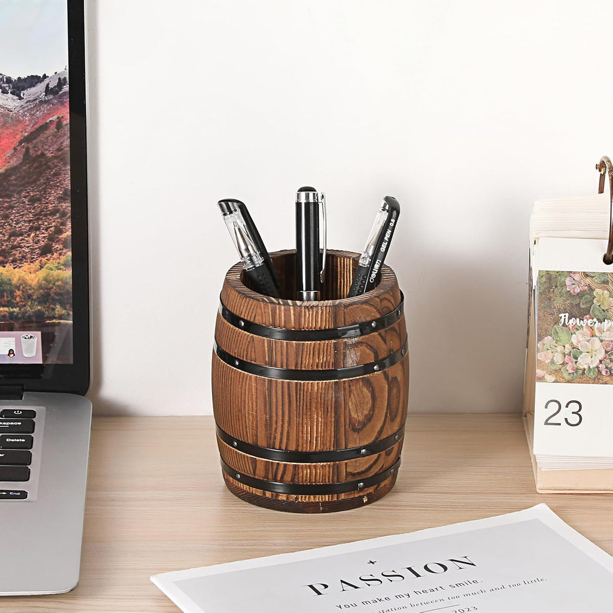 Rustic Wooden Pen Holders for Desk, Wine Barrel Shaped Pencil Cup