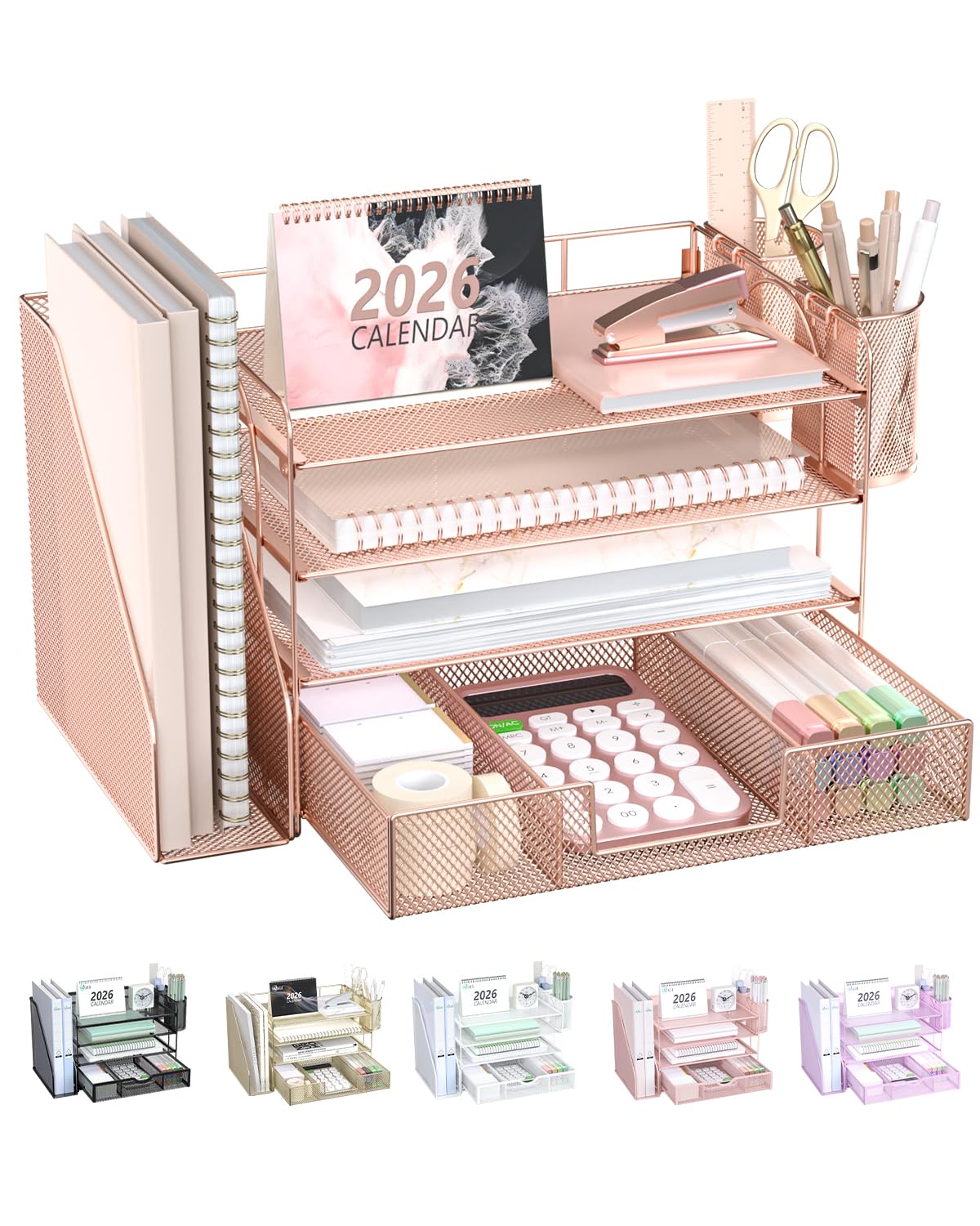 WALI Desk File Organizer, 4 Tier Desktop Paper Letter Tray Organizer with Drawer and 2 Pen Holders, Office Desk Accessories & Workspace Organizers for Office, Home Supplies(DO005DH-P), 1 Pack, Pink