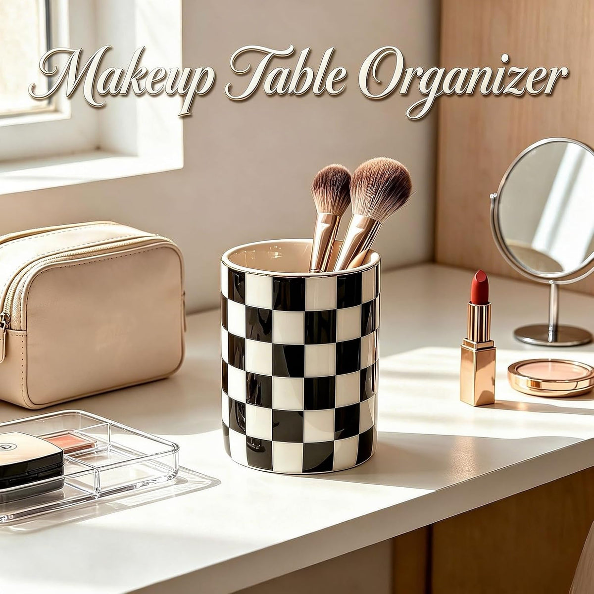 Checkered Pen Holder For Desk,Ceramic Pencil Holder Organizer,Cute Pen Cup office decor, Black and white desk accessories