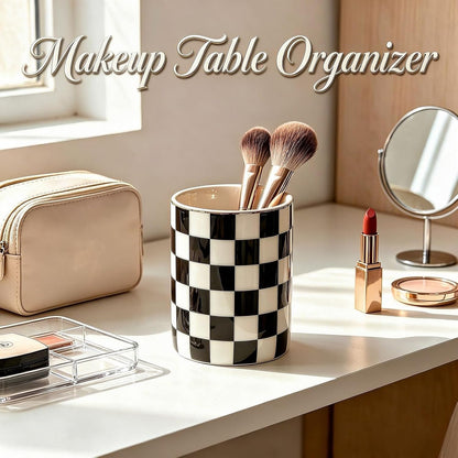 Checkered Pen Holder For Desk,Ceramic Pencil Holder Organizer,Cute Pen Cup office decor, Black and white desk accessories