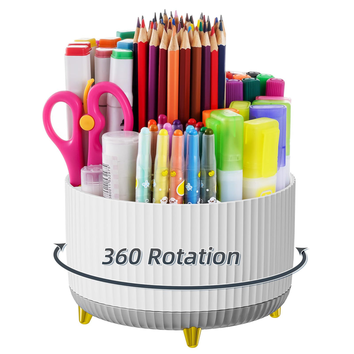 Marbrasse Desk Organizer, 360-Degree Rotating Pen Holder, Desk Organizers and Accessories with 5 Compartments Pencil Holder, Art Supply Storage Box Caddy for Office, Home（White）