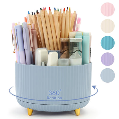 SKYDUE 360 Rotating Plastic Desk Pen Organizer with 5 Slots, Dual-Purpose Art Supply Pencil Cup for Office, School, Home
